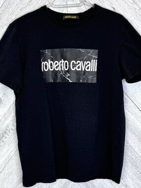 Roberto Cavalli T-Shirt Mens Medium Black Short Sleeve Graphic Crew Neck